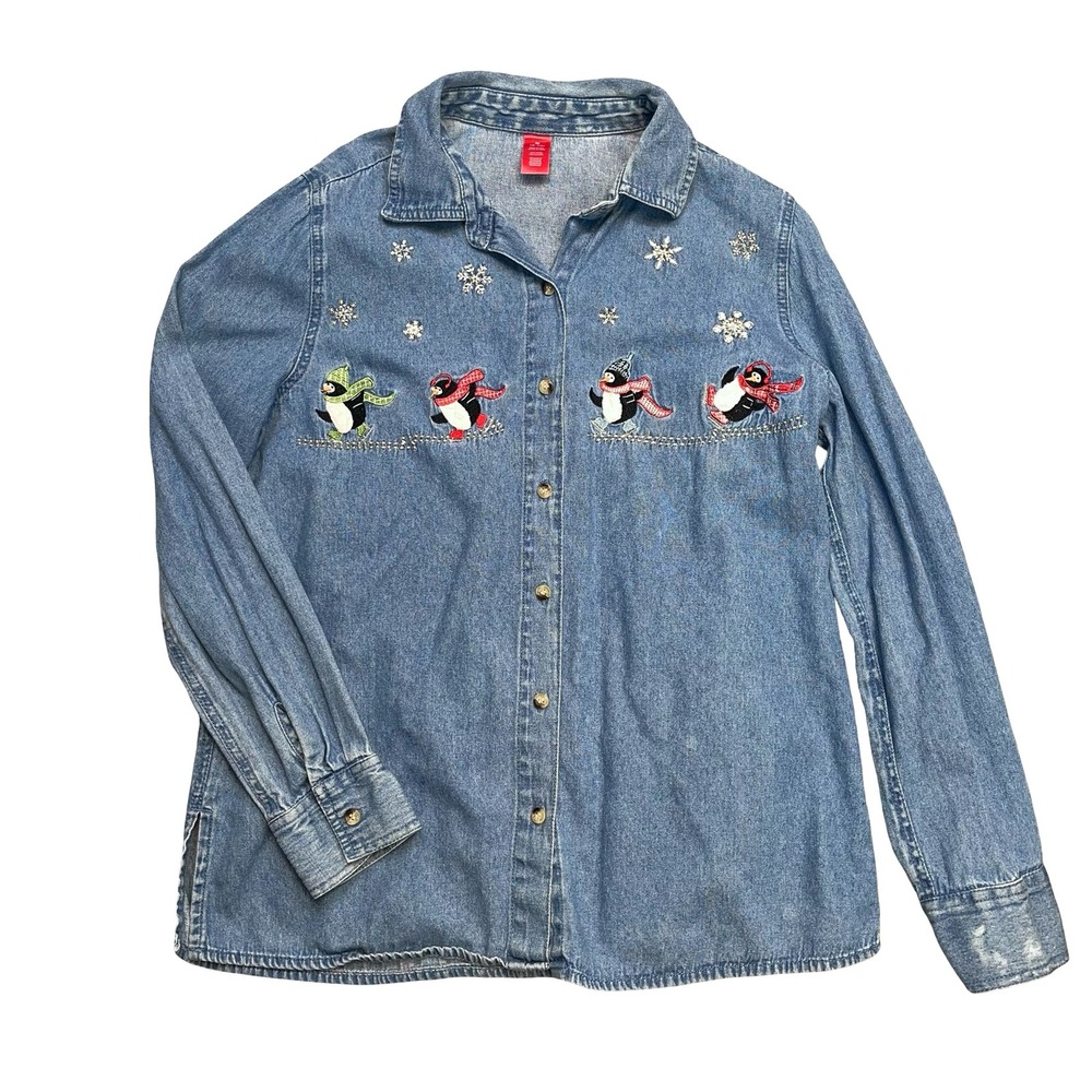 Vintage Womens Denim Button Down Blue Penguin Christmas Holiday Shirt M 8-10